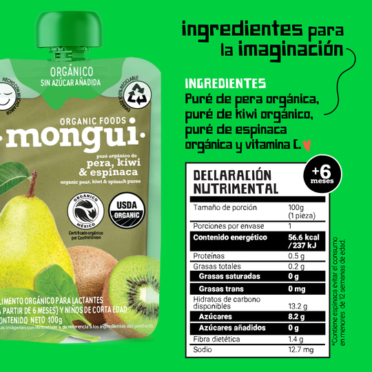 Pera, Kiwi & Espinaca 100% Orgánico - Pouch 100gr