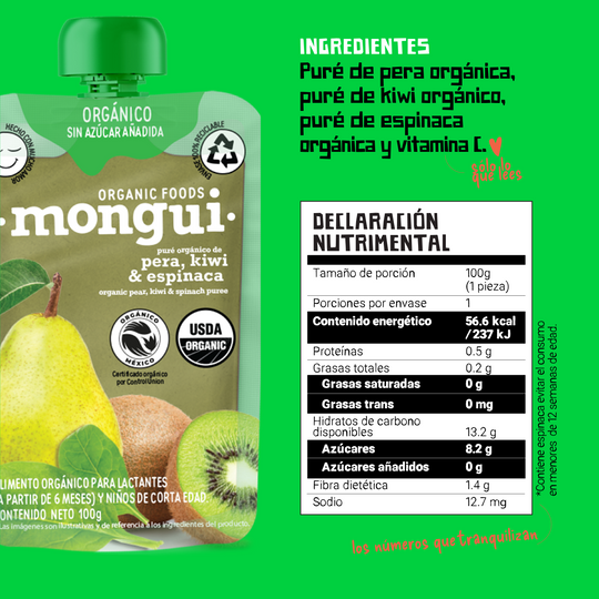 Pera, Kiwi & Espinaca 100% Orgánico - Pouch 100gr