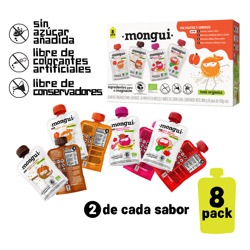 8 pack mix frutas y cereales - 2 pouches de cada receta, sin colorantes ni conservadores