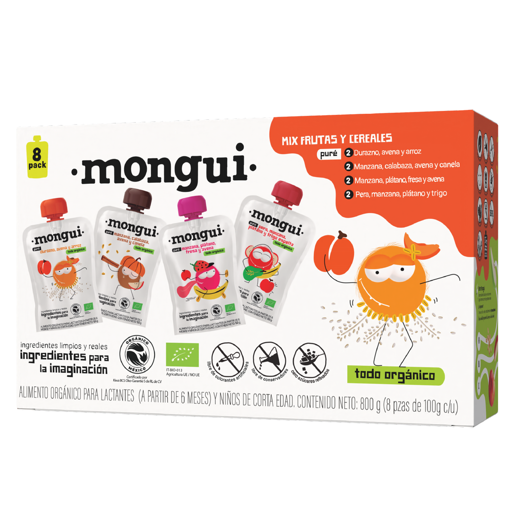 8 pack mix frutas y cereales Mongui - caja con 4 recetas orgánicas