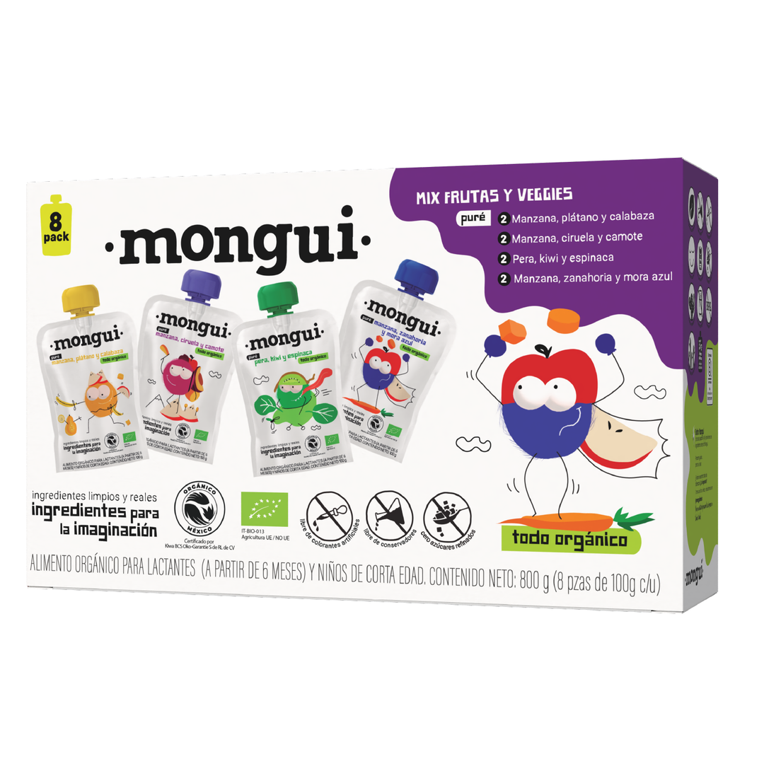 8 pack mix frutas y veggies Mongui - caja con 4 recetas orgánicas