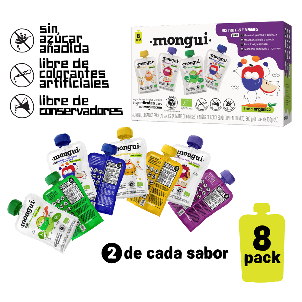 8 pack mix frutas y veggies - 2 pouches de cada receta, sin colorantes ni conservadores