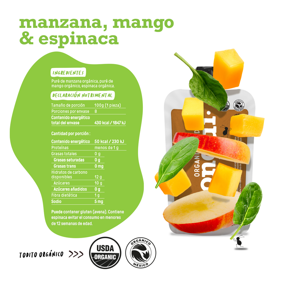 Manzana, mango y espinaca orgánico pouch 100gr