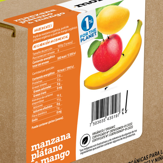 Manzana, plátano y mango orgánico pouch 100gr
